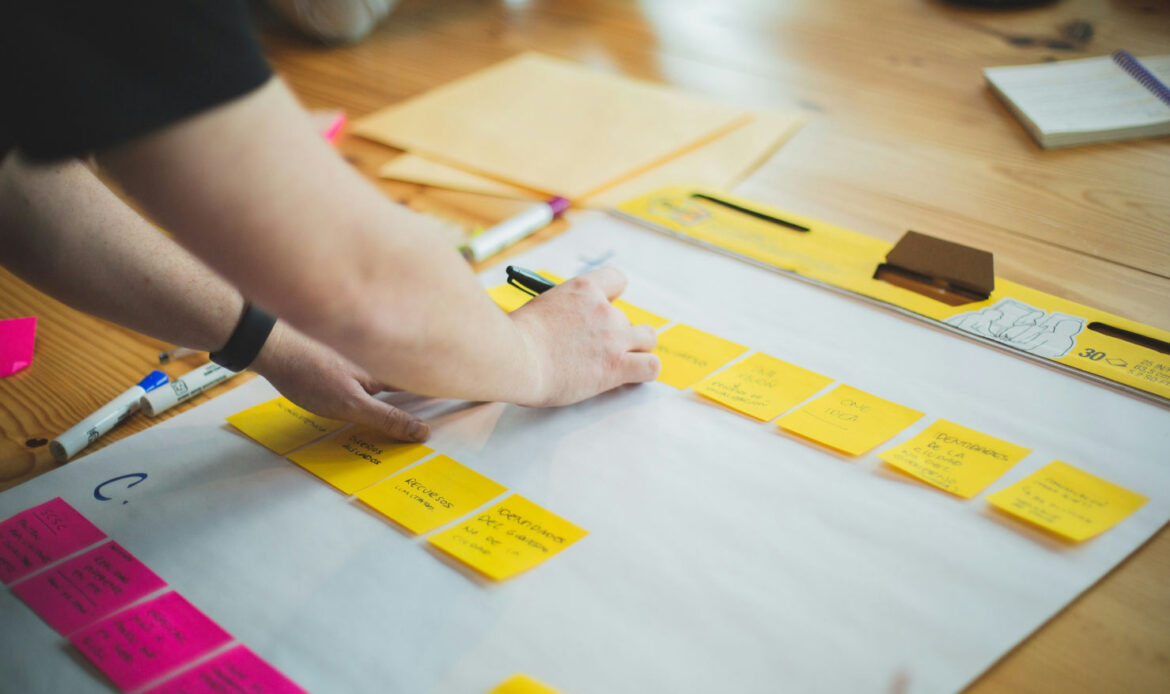 Person arranging sticky notes to map cumulative grief experiences.