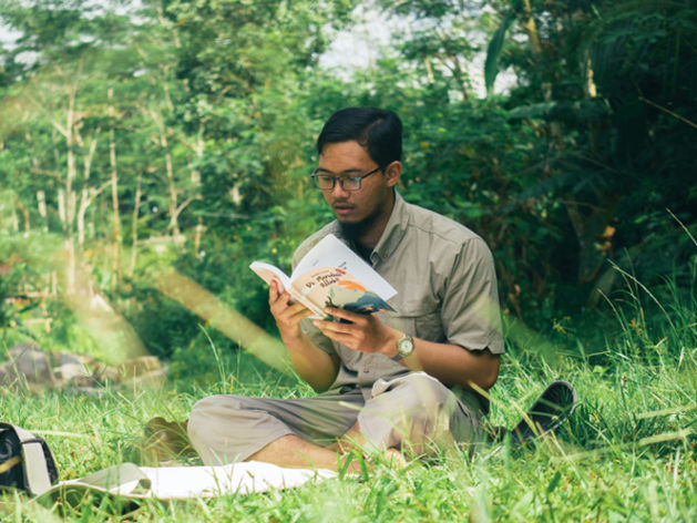 Person reading a book outdoors, reflecting small rituals to connect with emotions.