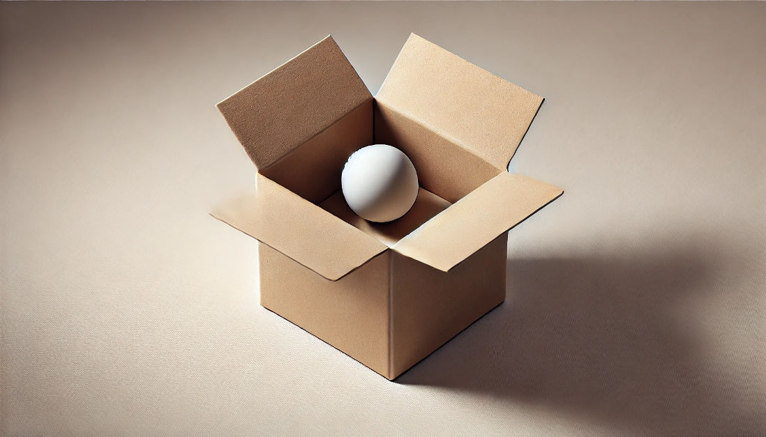 A small ball sits inside an open cardboard box, symbolizing the concept that grief may shrink over time but never completely disappears.