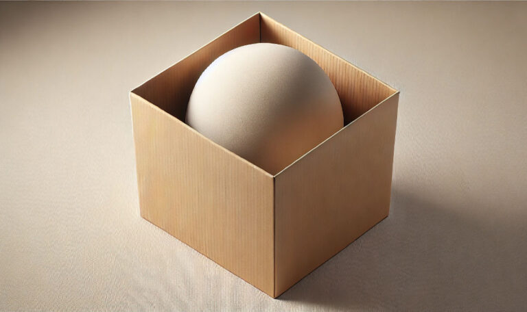 A round sphere rests inside a square, open-top box, symbolizing the “grief ball in a box” metaphor, where grief remains present but its impact changes over time.