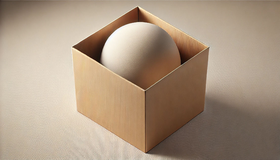 A round sphere rests inside a square, open-top box, symbolizing the “grief ball in a box” metaphor, where grief remains present but its impact changes over time.