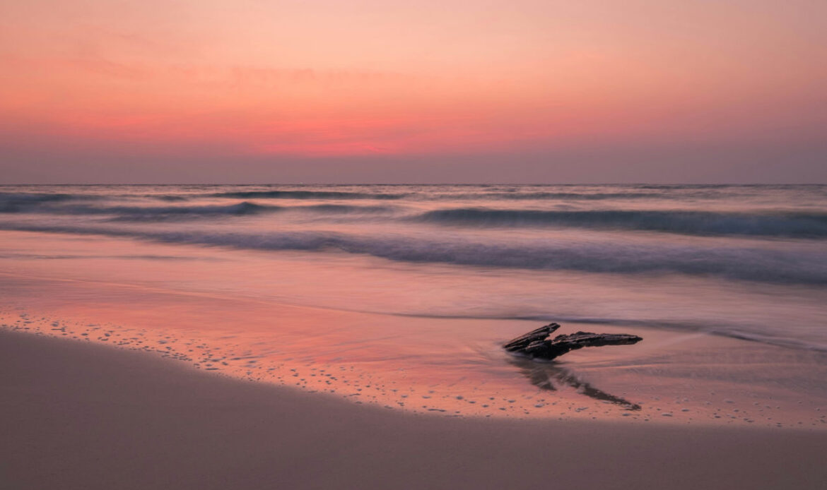 A peaceful shoreline at sunset with gentle waves washing over a piece of driftwood, symbolizing the journey of grief—Recognize Your Wreckage and Learn to Float.