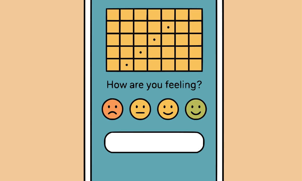 Mood tracking app interface showing a question about feelings with different emoji options, used for managing emotions and dealing with disappointment.