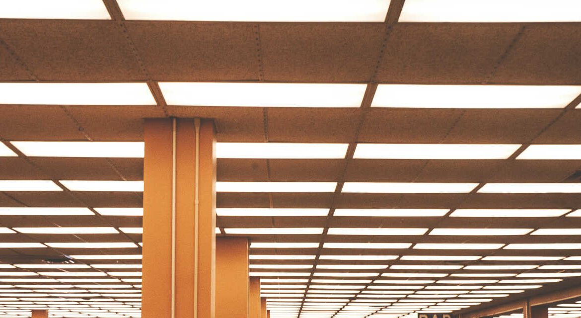 A ceiling with repetitive fluorescent lights, symbolizing monotony and the emotional flatness that can come with dealing with disappointment.