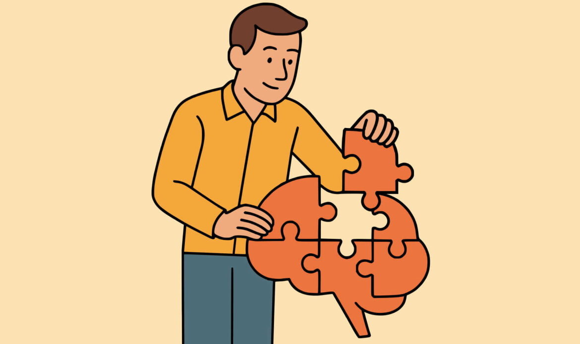 Illustration of a person assembling a brain-shaped puzzle, symbolizing problem focused coping by breaking tasks into smaller parts.