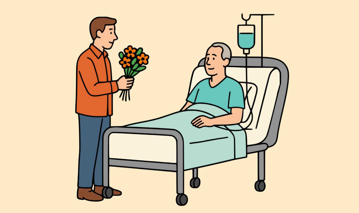 Illustration of a person visiting someone in the hospital, representing problem focused coping by recognizing when a situation can't be fixed and showing care instead.