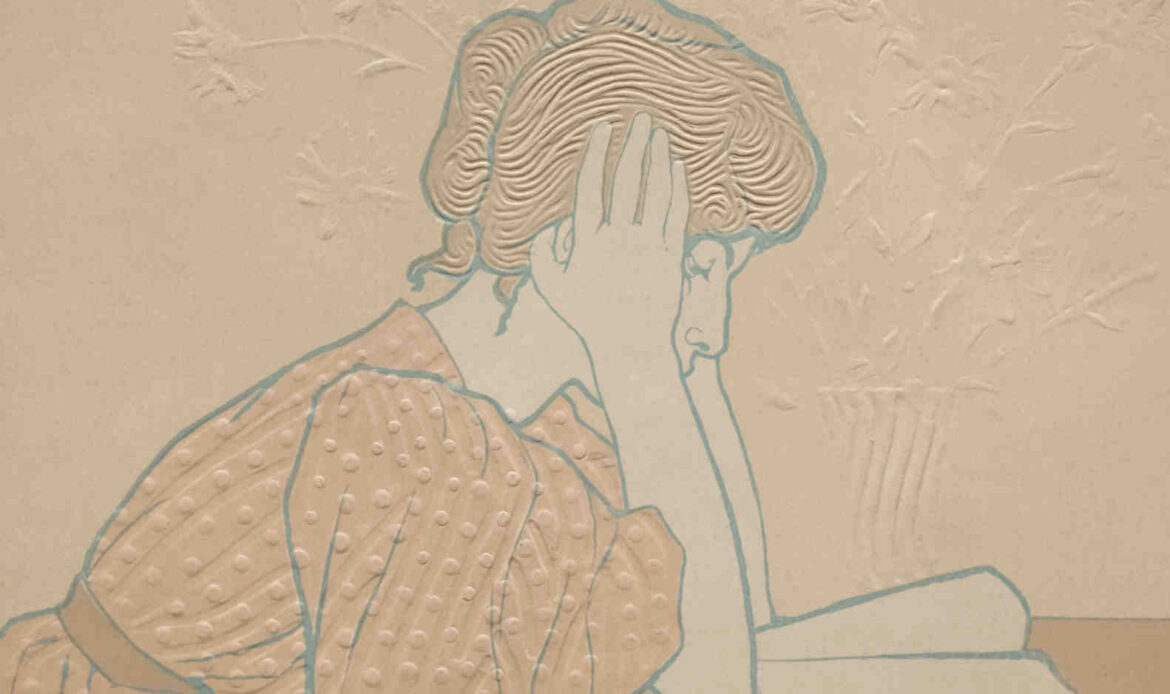 Illustration of a woman with her head in her hands, appearing sad while sitting at a table with an open book, representing unexplained emotional overwhelm.