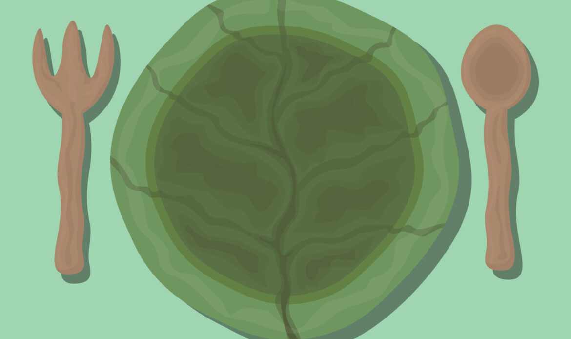Illustration of an untouched leafy plate with wooden utensils, symbolizing emotional fatigue and having no energy to eat.