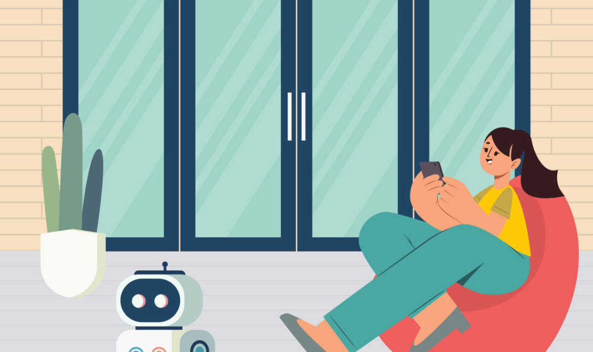 Woman sitting on a bean bag using her phone while a robot cleans the floor, illustrating chronic procrastination as a form of maladaptive behavior.