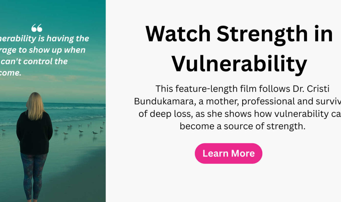 Woman standing on the beach facing the ocean, next to a quote about vulnerability