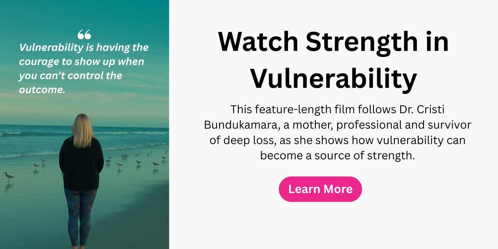 Woman standing on the beach facing the ocean, next to a quote about vulnerability