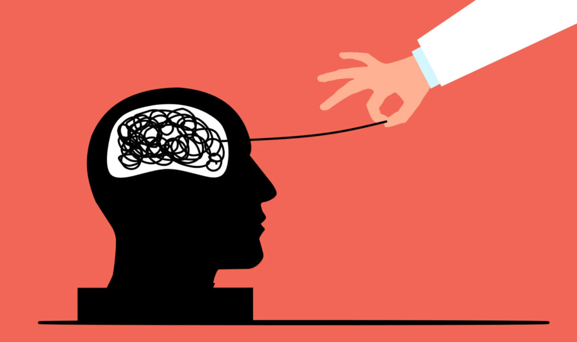 Illustration of a therapist’s hand pulling a tangled line from a person’s brain, representing psychodynamic therapy and uncovering unconscious thoughts.