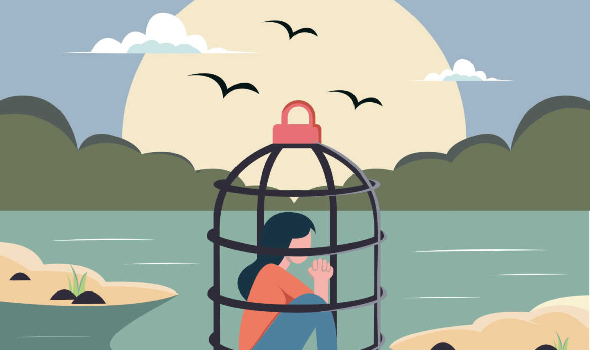 Illustration of a person sitting inside a cage on a small island, symbolizing feeling trapped by maladaptive behavior.