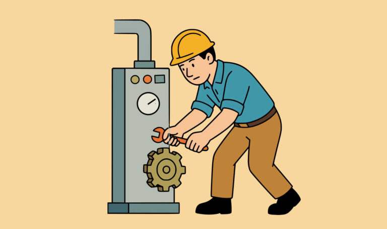 Illustration of a worker fixing a machine with a wrench, symbolizing problem focused coping through practical action.