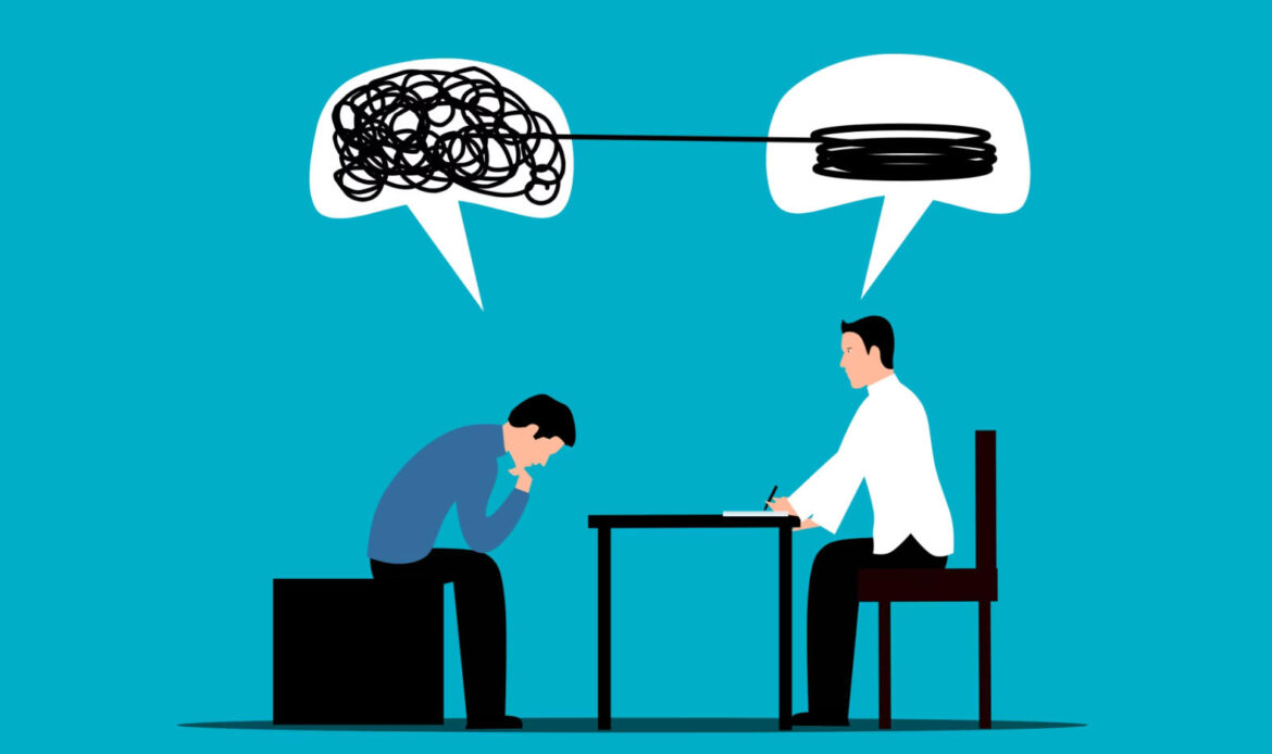 Illustration of a person in distress speaking with a therapist, symbolizing the process of finding the right kind of therapist for support.