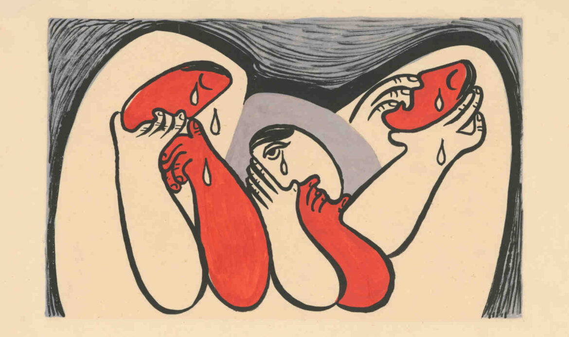 Abstract illustration of emotional distress with crying faces, expressing the feeling of wanting to cry for no reason.