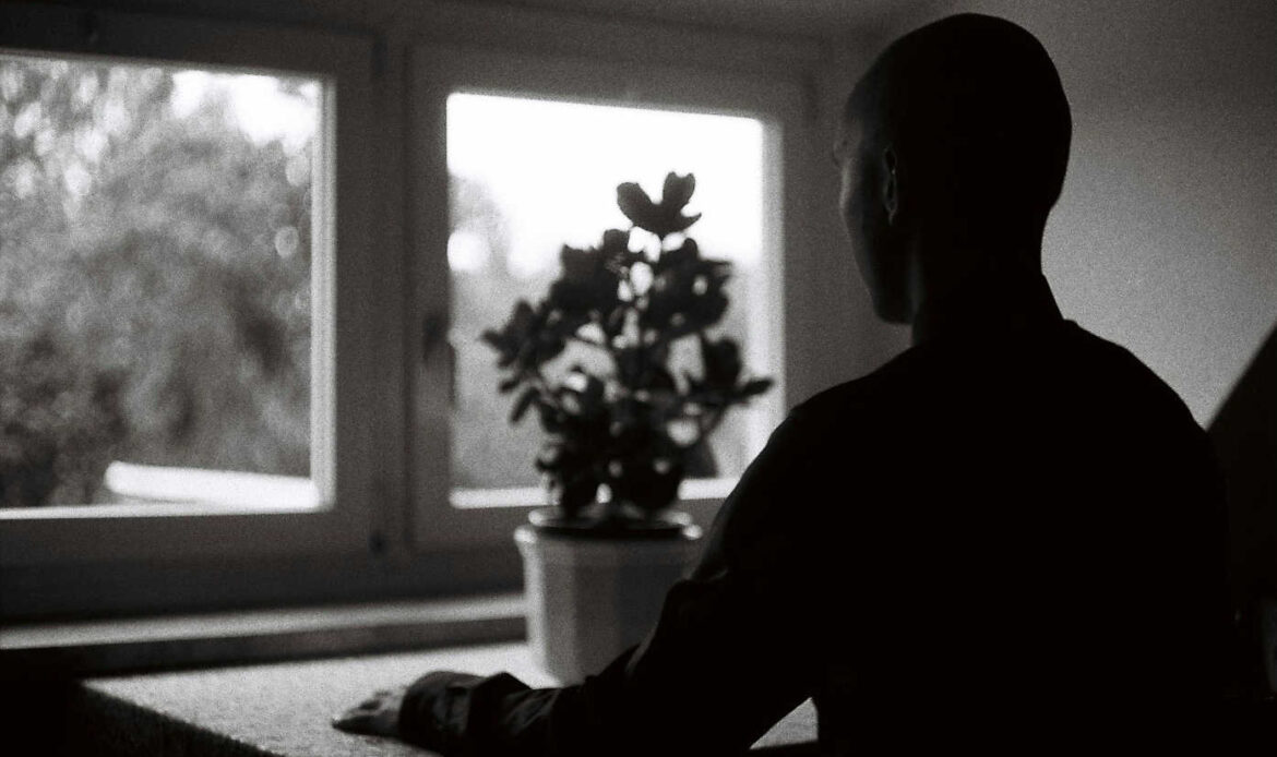 Person seated at table with a potted plant