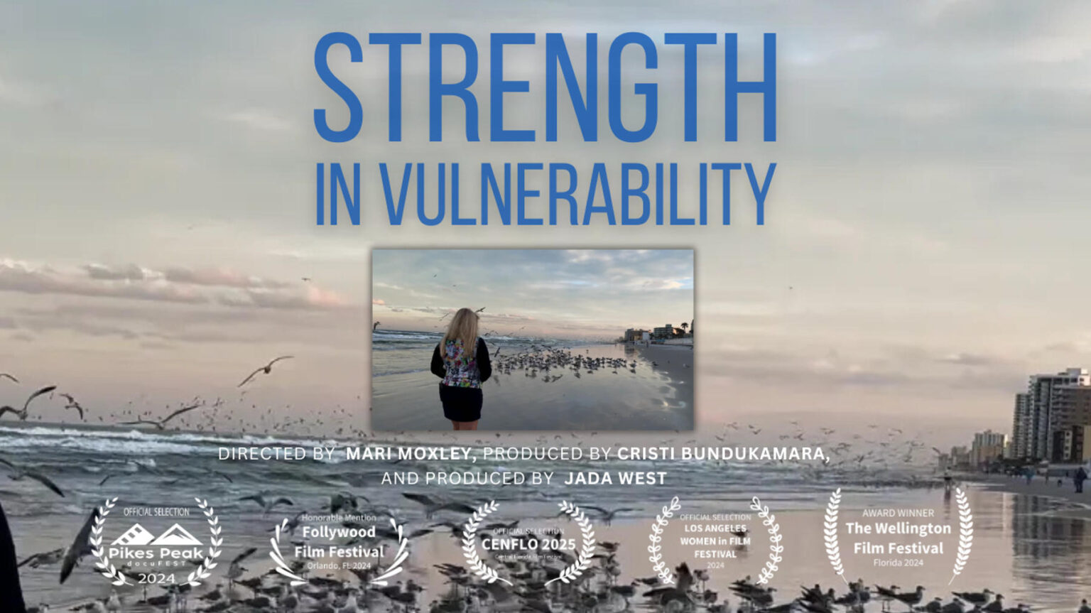 Strength in Vulnerability documentary film poster featuring Dr. B, with a woman walking on a beach surrounded by birds at sunrise.