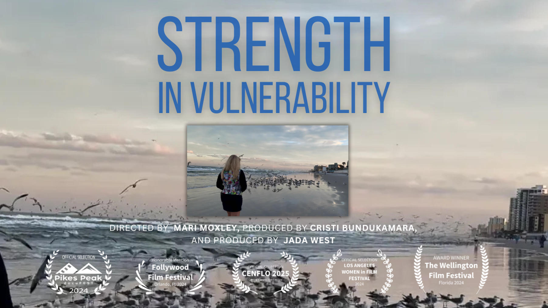 Strength in Vulnerability documentary film poster featuring Dr. B, with a woman walking on a beach surrounded by birds at sunrise.